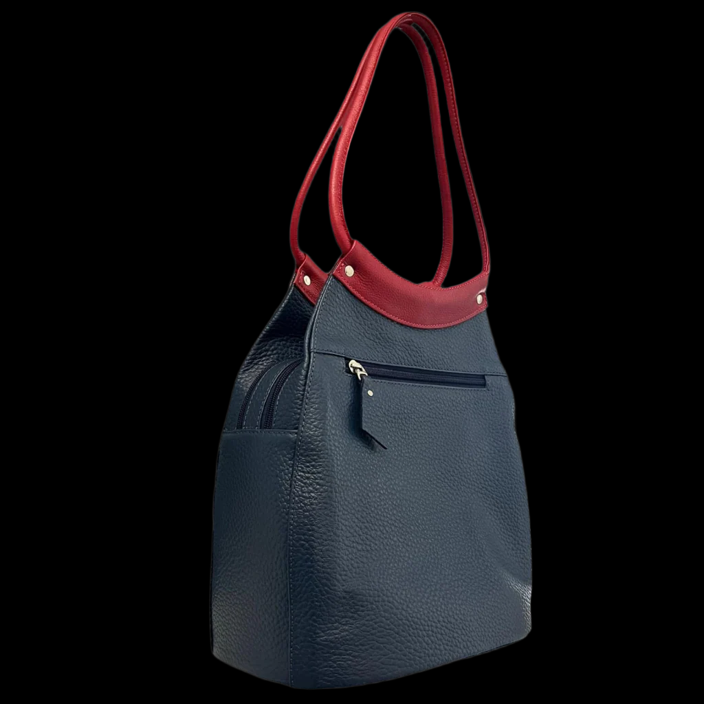 Medium Leather Shoulder Bag - Blue with Red Straps