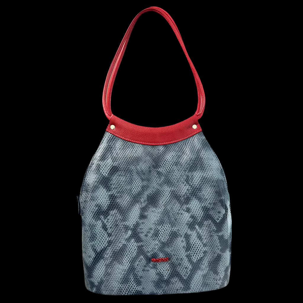 Medium Leather Shoulder Bag - Blue with Red Straps