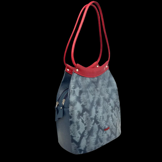 Medium Leather Shoulder Bag - Blue with Red Straps