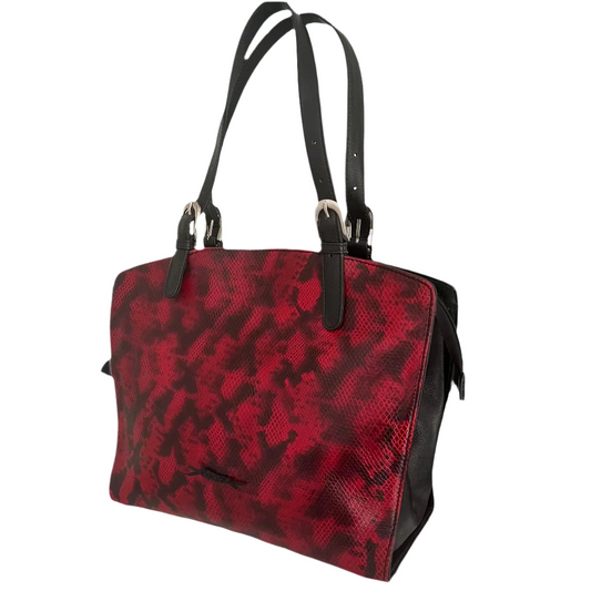 Large Leather Shoulder Bag - Red Black with Black Straps