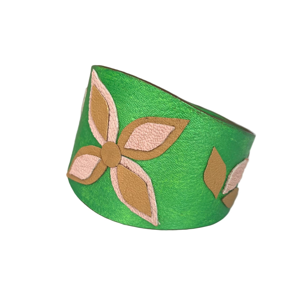 Green Leather Cuff with Flower