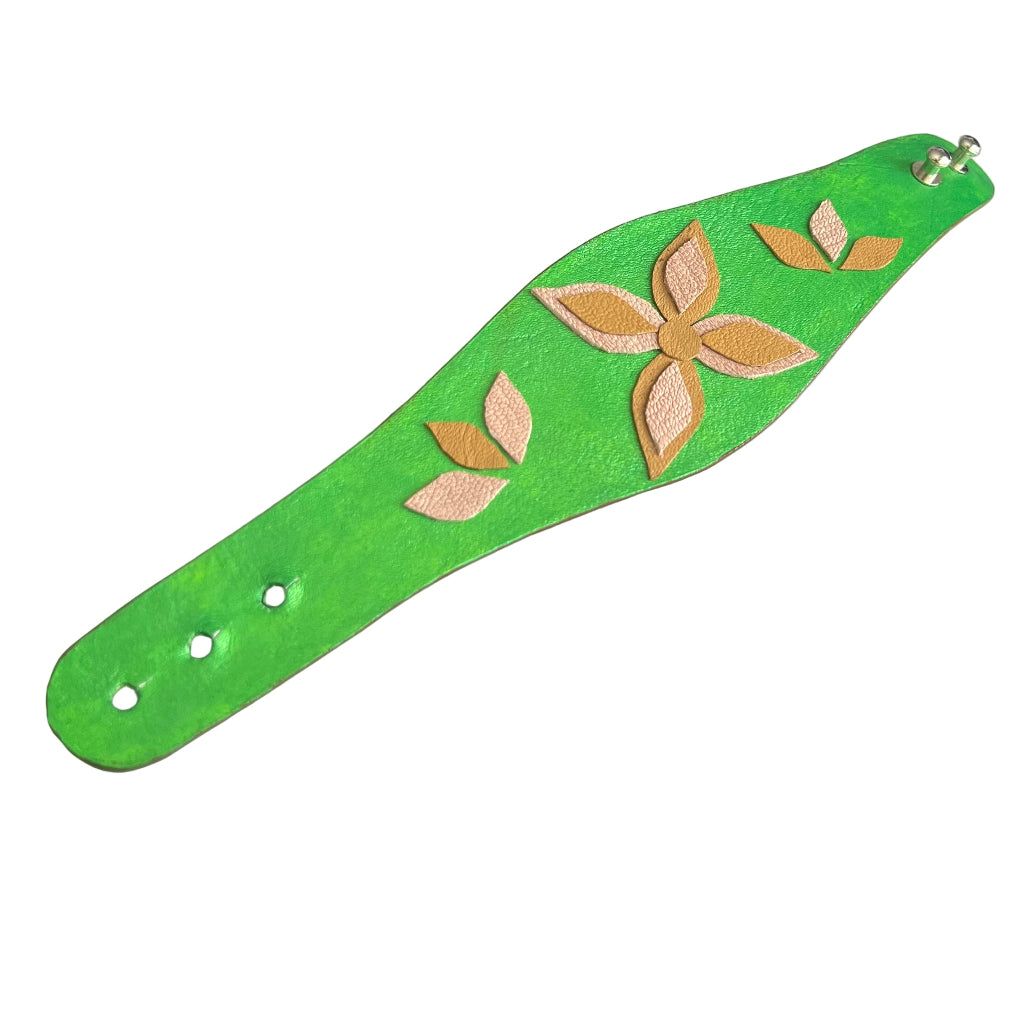 Green Leather Cuff with Flower
