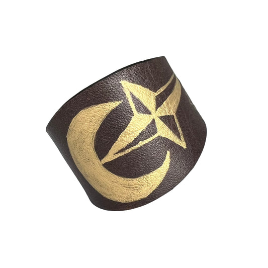 Brown Leather Cuff Moon & Stars Hand Painted