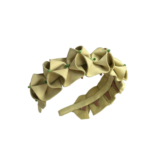 Pleated Lime Green Leather Headband with Green Bead Embellishments