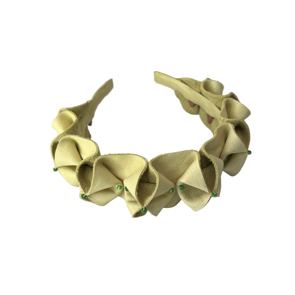 Pleated Lime Green Leather Headband with Green Bead Embellishments
