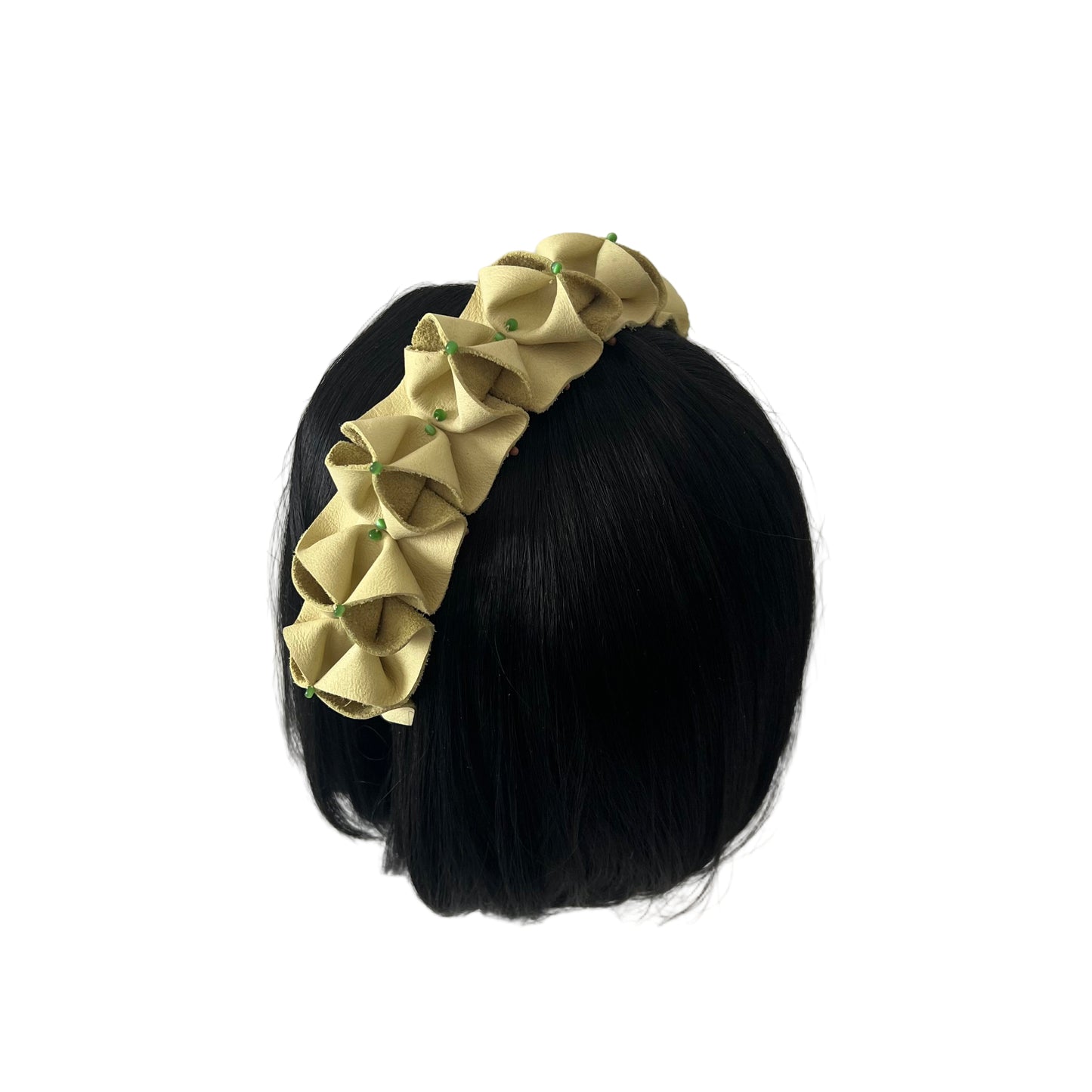 Pleated Lime Green Leather Headband with Green Bead Embellishments