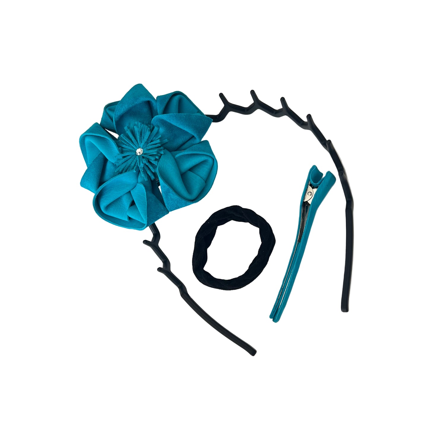 Turquoise Suede 3-in-1 Flower Hair Accessory Set with Swarovski Crystal