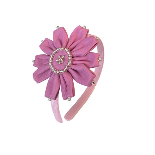 Pink Leather Headband with Daisy & Glass Beads