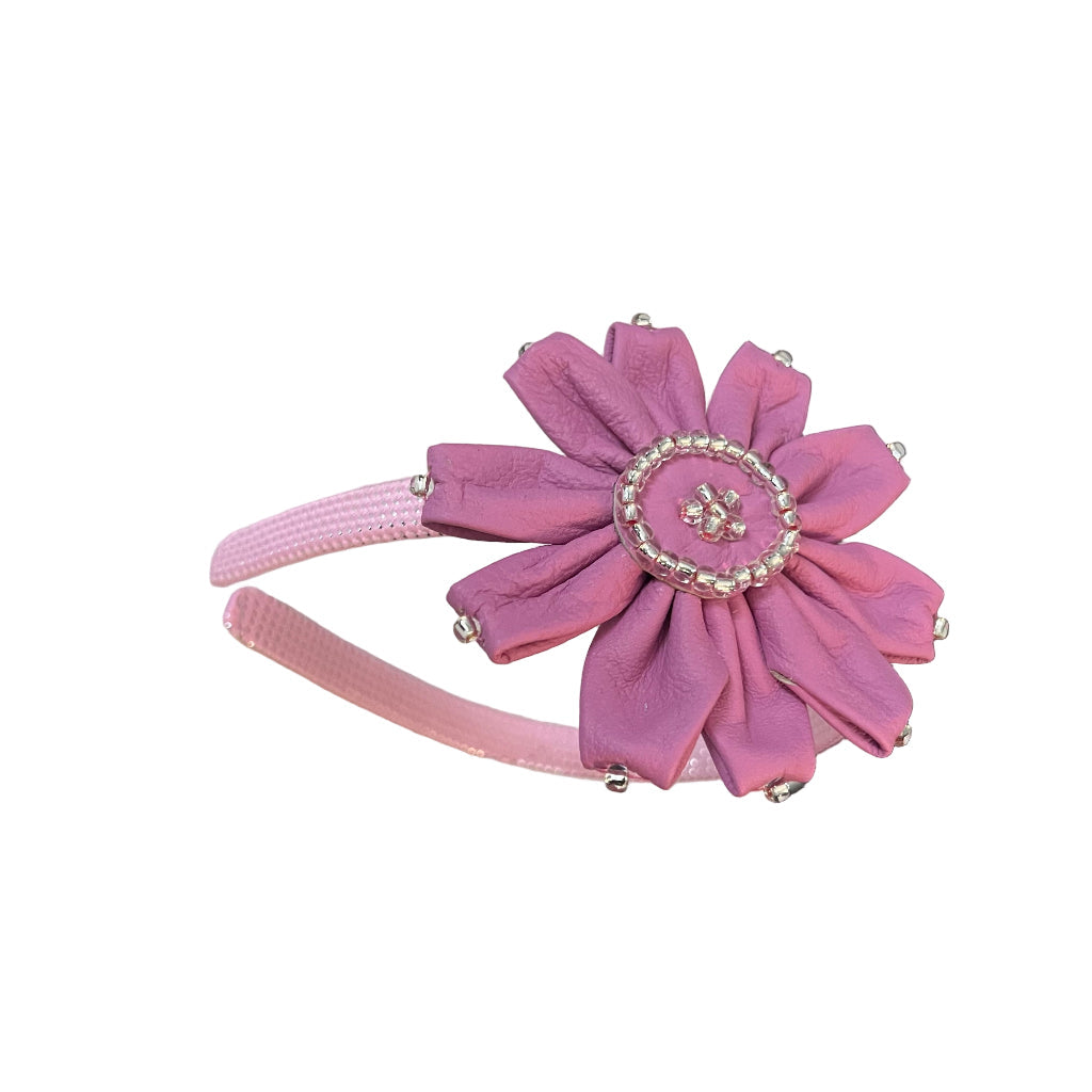 Pink Leather Headband with Daisy & Glass Beads