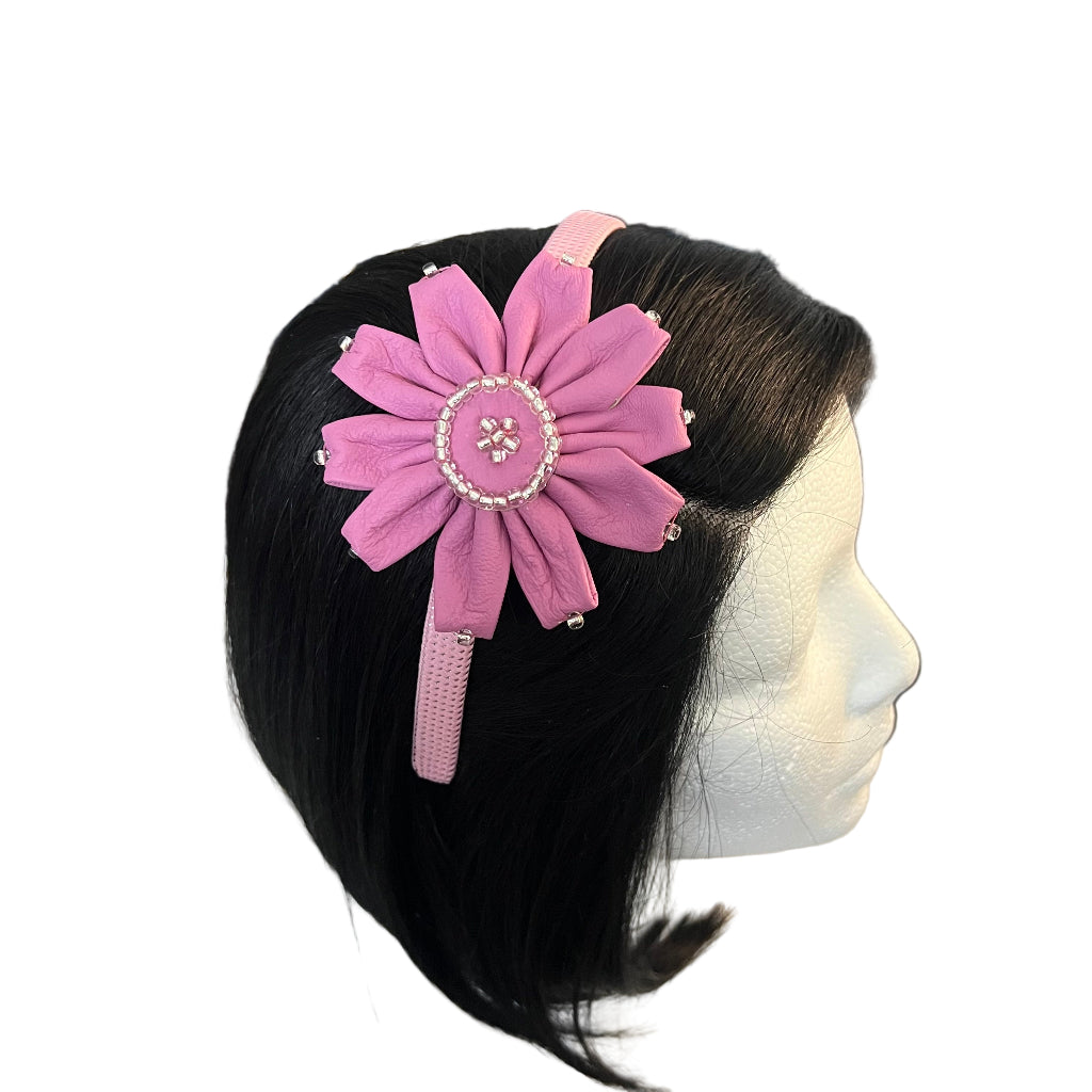 Pink Leather Headband with Daisy & Glass Beads