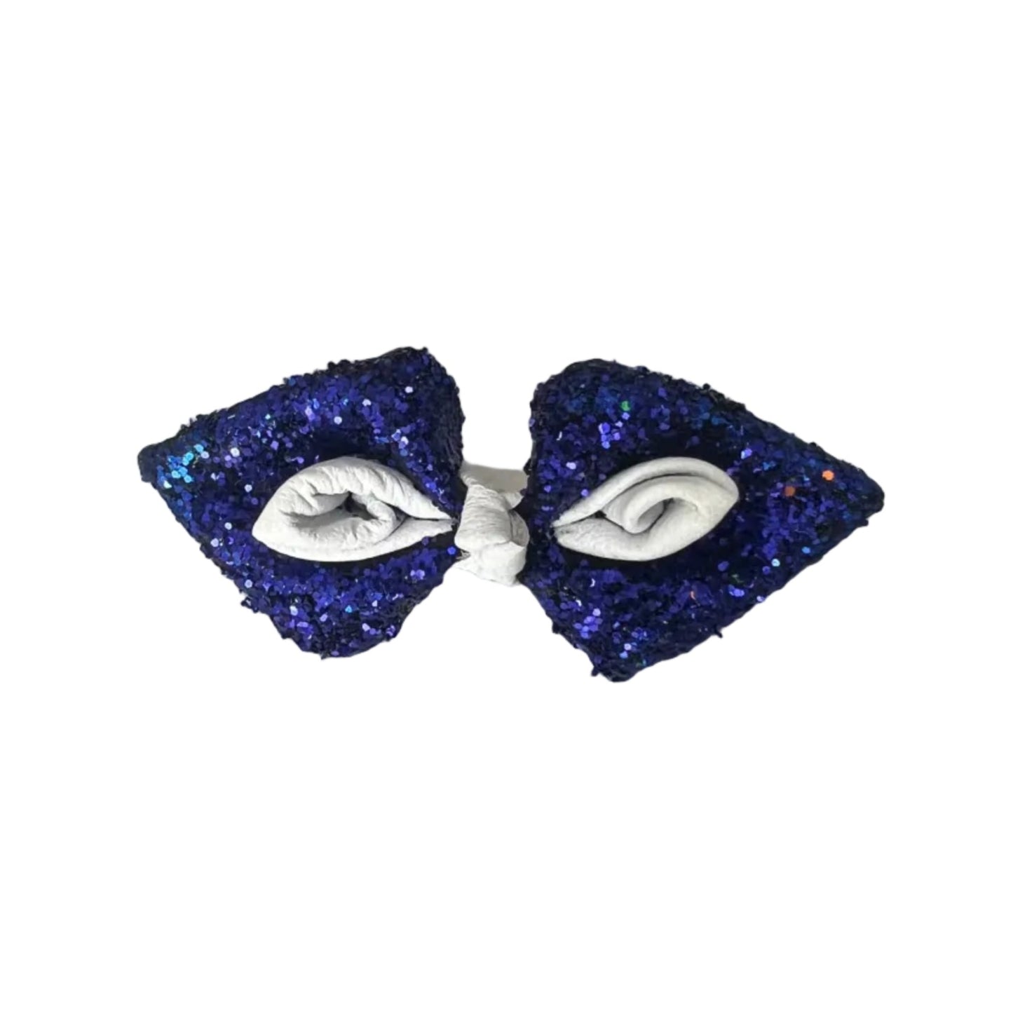 Midnight Sparkle Glitter Bow - Blue Sequin Hair Clip with White Leather Details