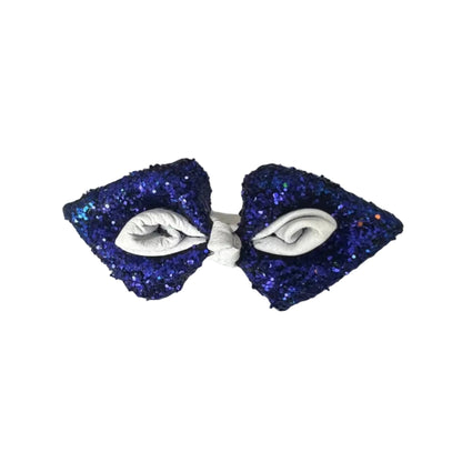 Midnight Sparkle Glitter Bow - Blue Sequin Hair Clip with White Leather Details
