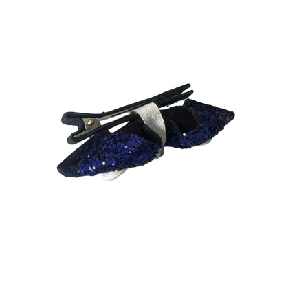 Midnight Sparkle Glitter Bow - Blue Sequin Hair Clip with White Leather Details