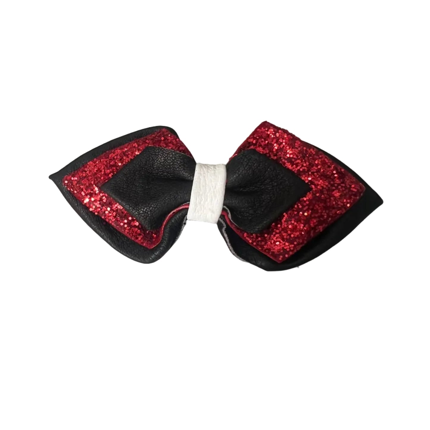 Holiday Cheer Glitter Bow - Red Sequin & Black Leather Hair Clip