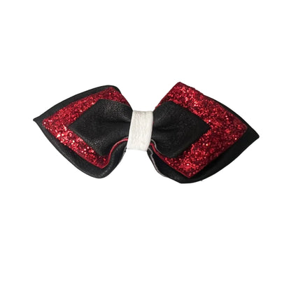Holiday Cheer Glitter Bow - Red Sequin & Black Leather Hair Clip