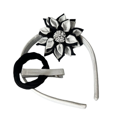 Navy & White Leather Flower - 3-in-1 Hair Accessory