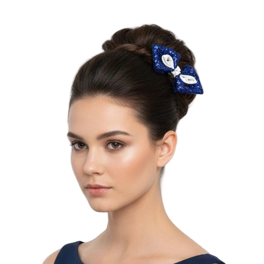 Midnight Sparkle Glitter Bow - Blue Sequin Hair Clip with White Leather Details