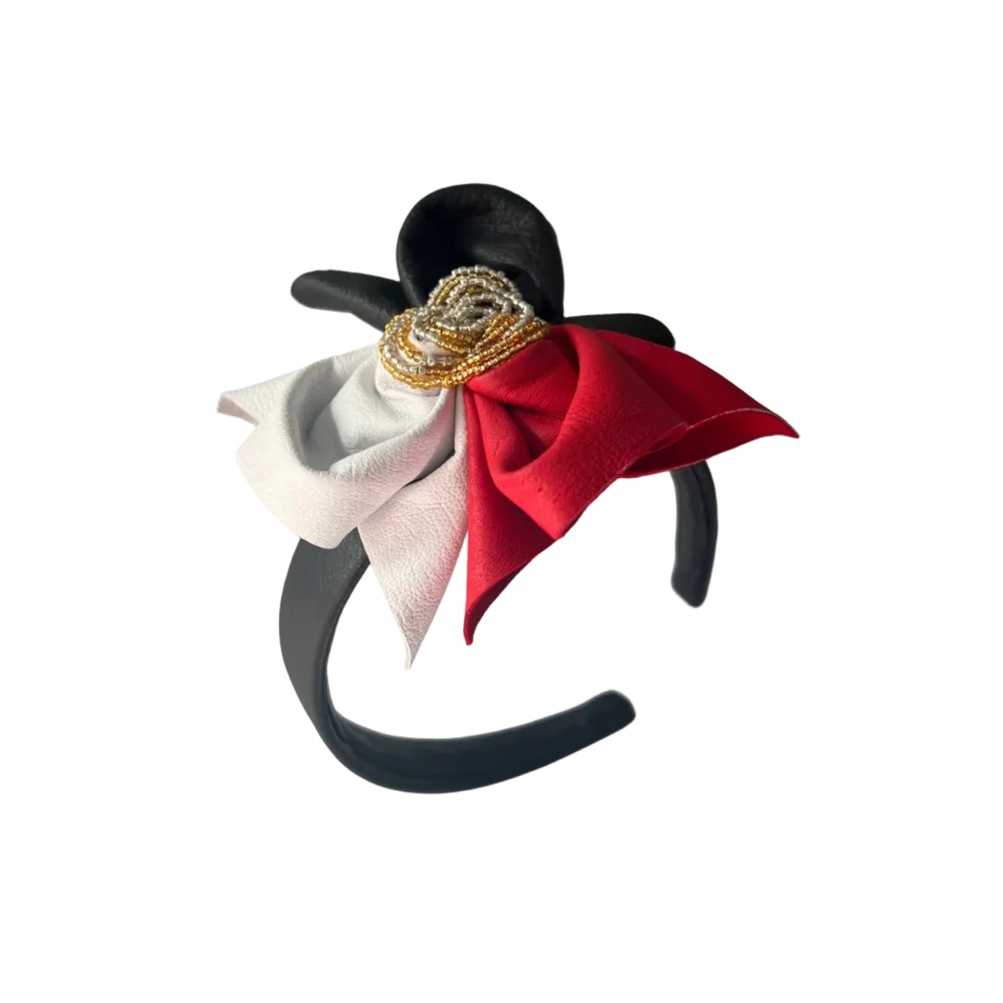 Noir Noel Leather Headband – Tri-Color Petal & Beaded Centerpiece
