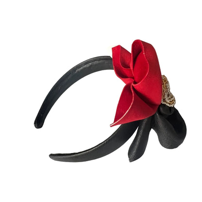 Noir Noel Leather Headband – Tri-Color Petal & Beaded Centerpiece