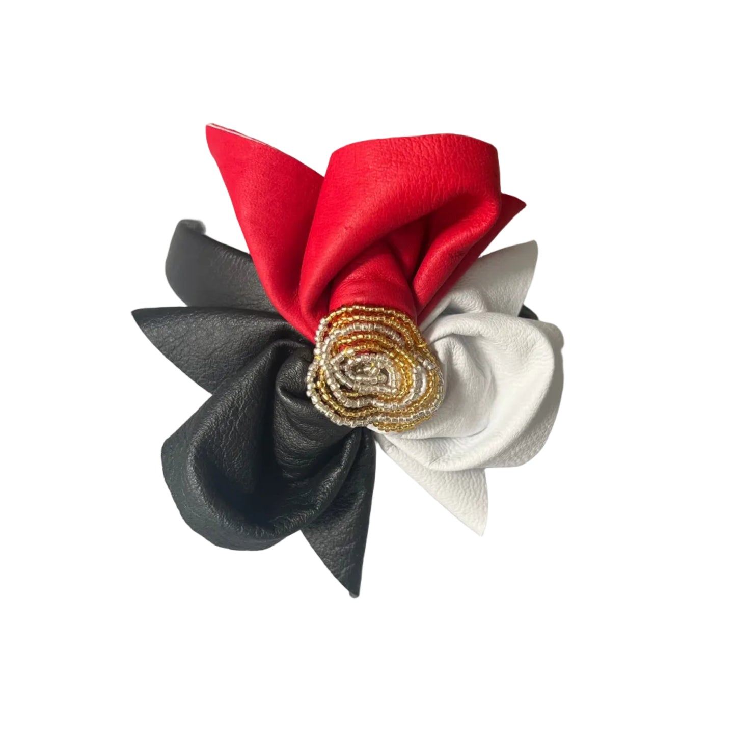 Noir Noel Leather Headband – Tri-Color Petal & Beaded Centerpiece