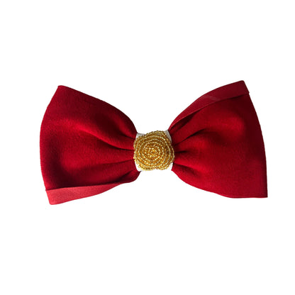 Luxe Red Velvet Bow Hair Clip with Gold Beaded Center
