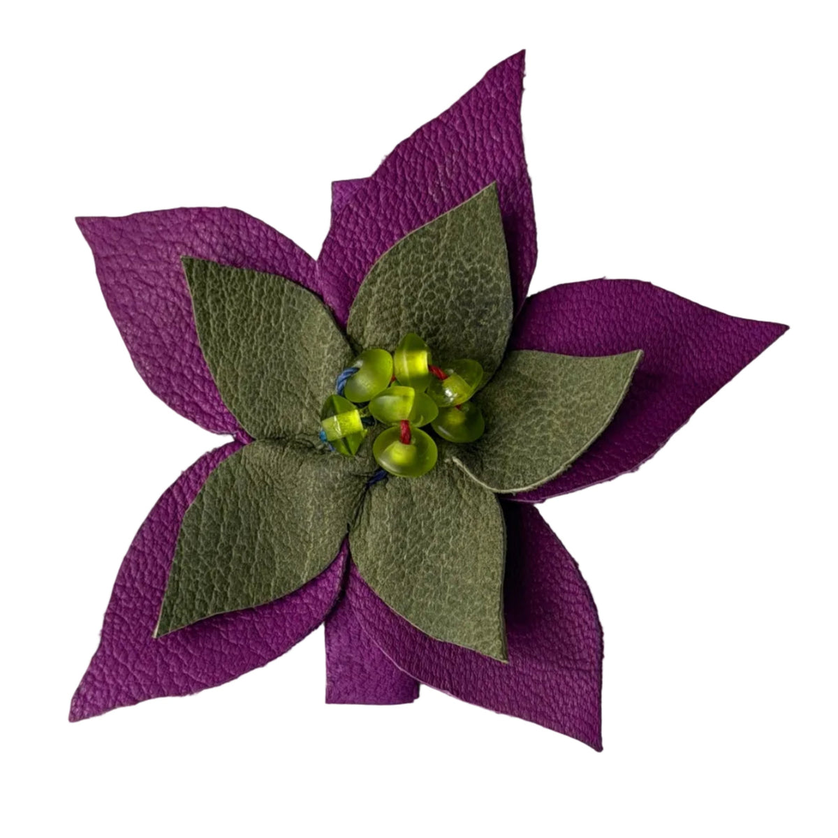 The Estrella-handmade kidskin flower featuring purple outer petals, olive green inner petals