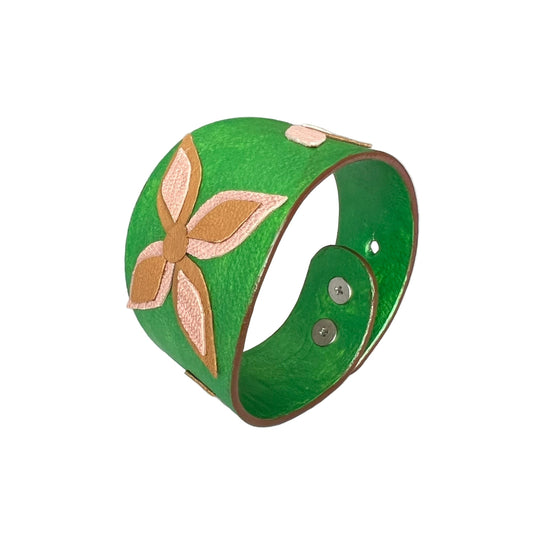 Green Leather Cuff with Flower