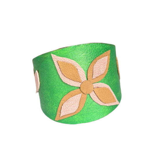 Green Leather Cuff with Flower