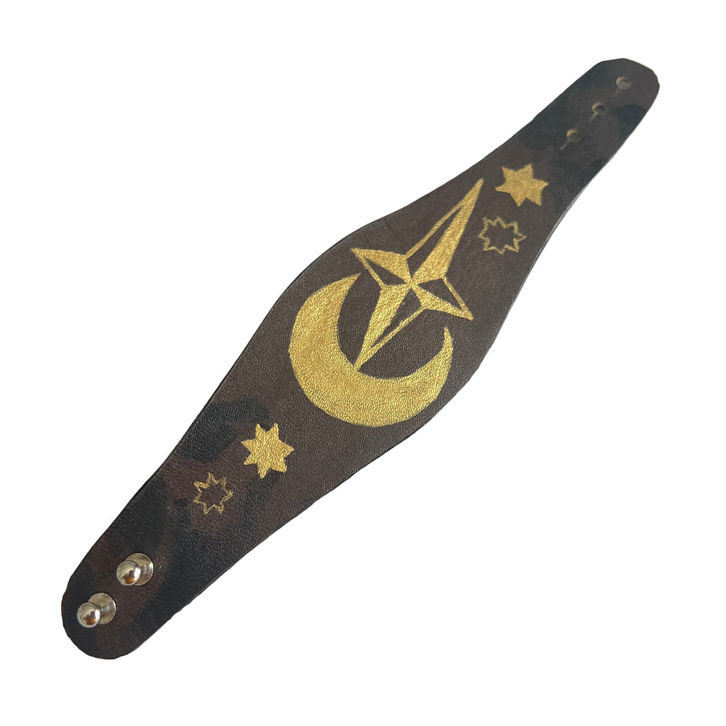 Brown Leather Cuff Moon & Stars Hand Painted
