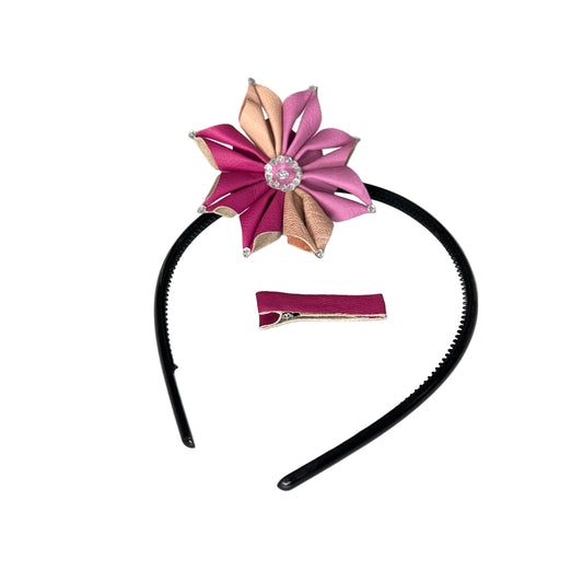 Complete Leather Flower Hair Accessory Set - Pink Tones