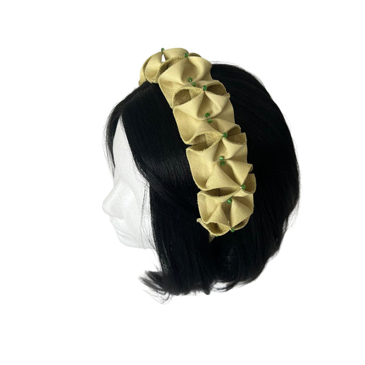 Pleated Lime Green Leather Headband with Green Bead Embellishments