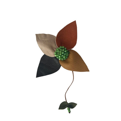 Autumn Harvest Leather Hair Clip - 4 Petal Fall Flower with Green Beads