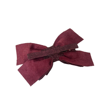Burgundy Leather Bow Hair Clip with Crystals