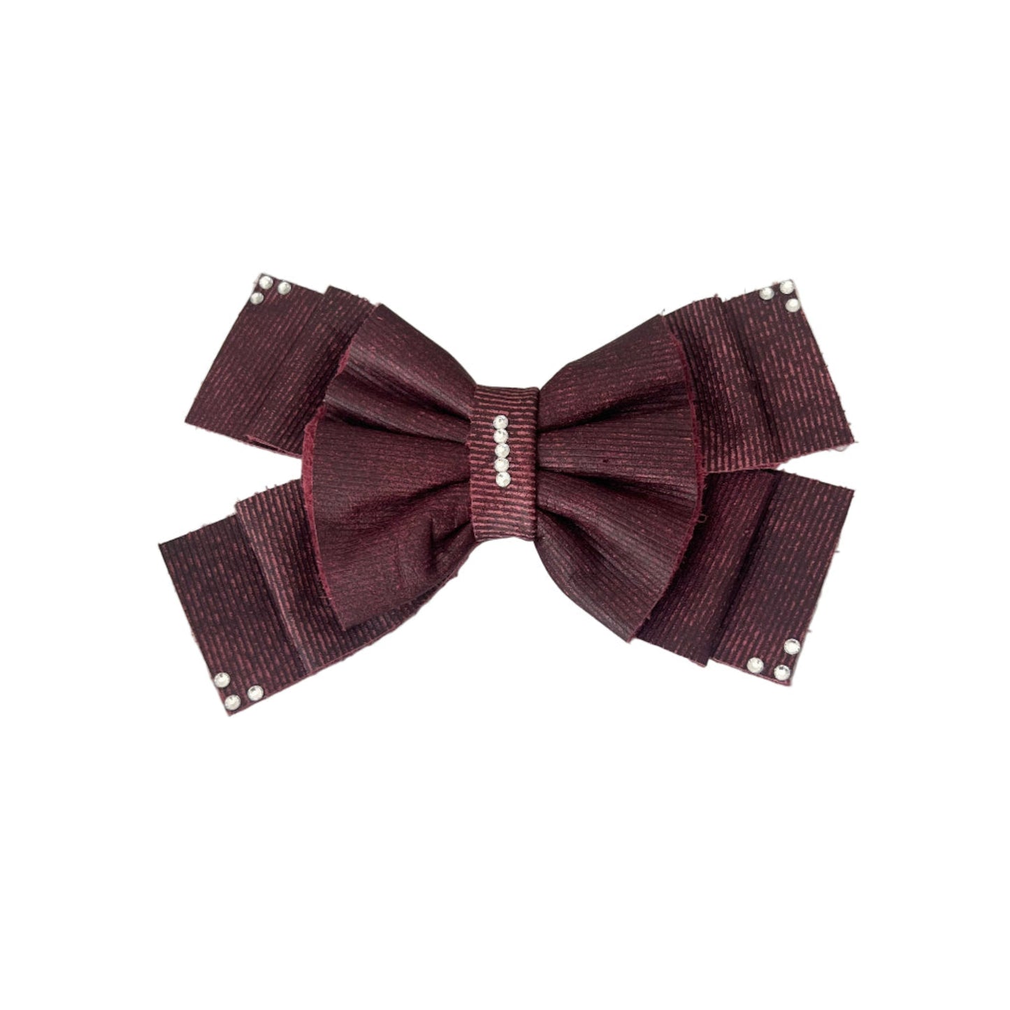 Burgundy Leather Bow Hair Clip with Crystals