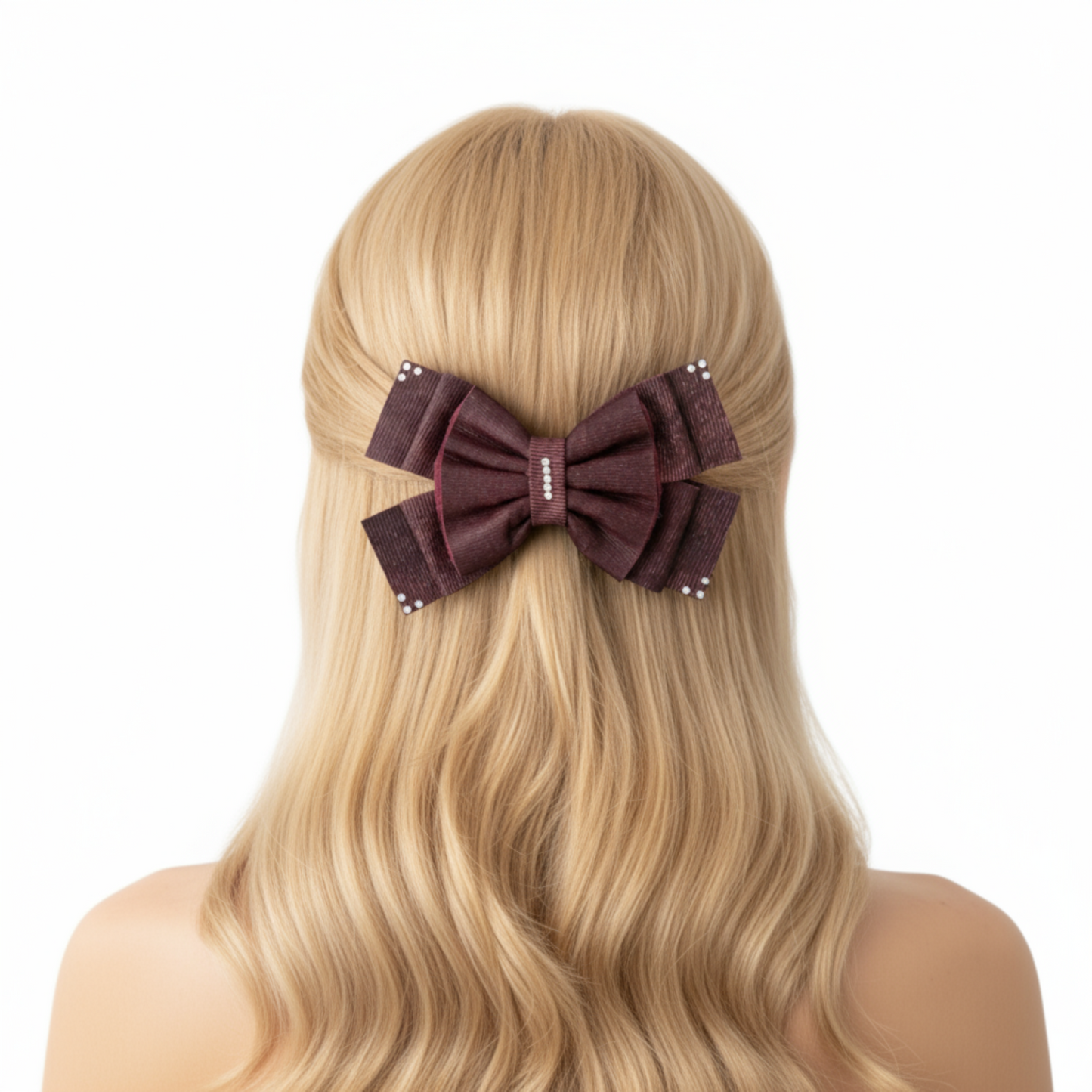 Burgundy leather bow hair clip on lighter hair