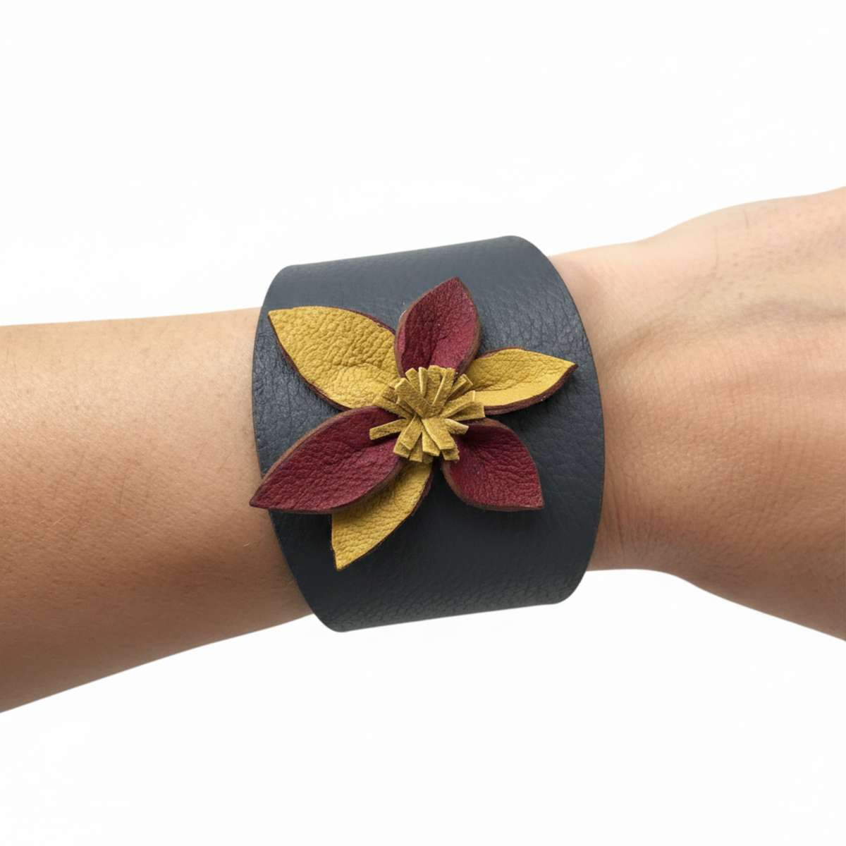 Dahlia Bloom cuff model white bg