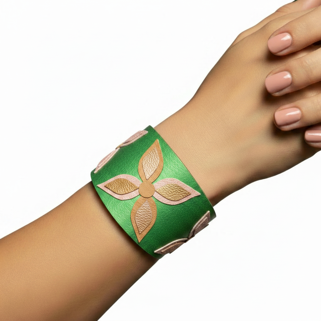 Green floral cuff diagonal wrist close-up white background