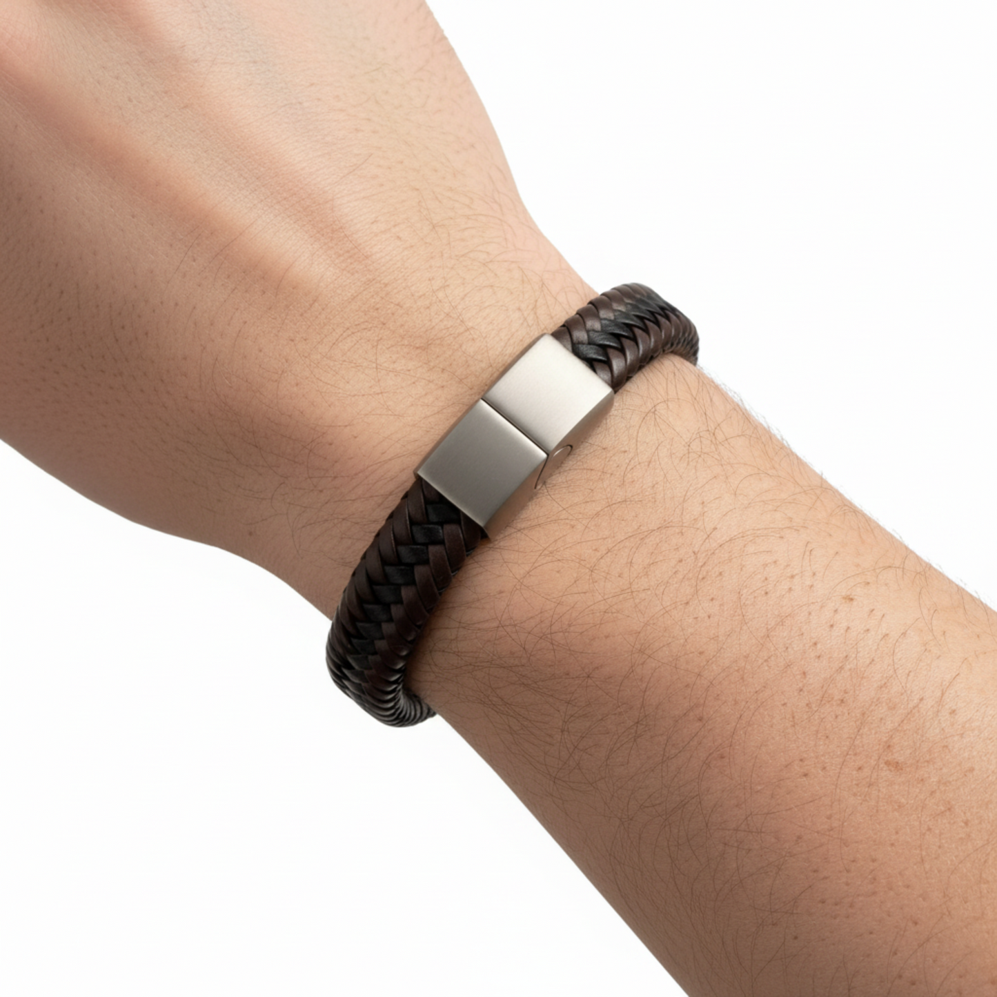 Model wearing dark brown braided leather bracelet