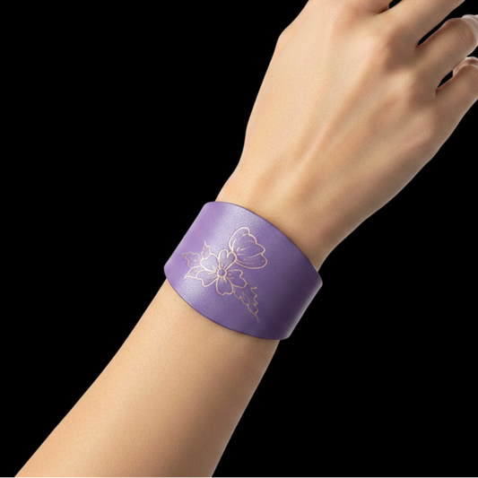 Lavender leather cuff on model hand black background