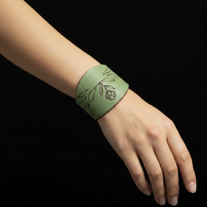 Mint green leather cuff on model hand black background