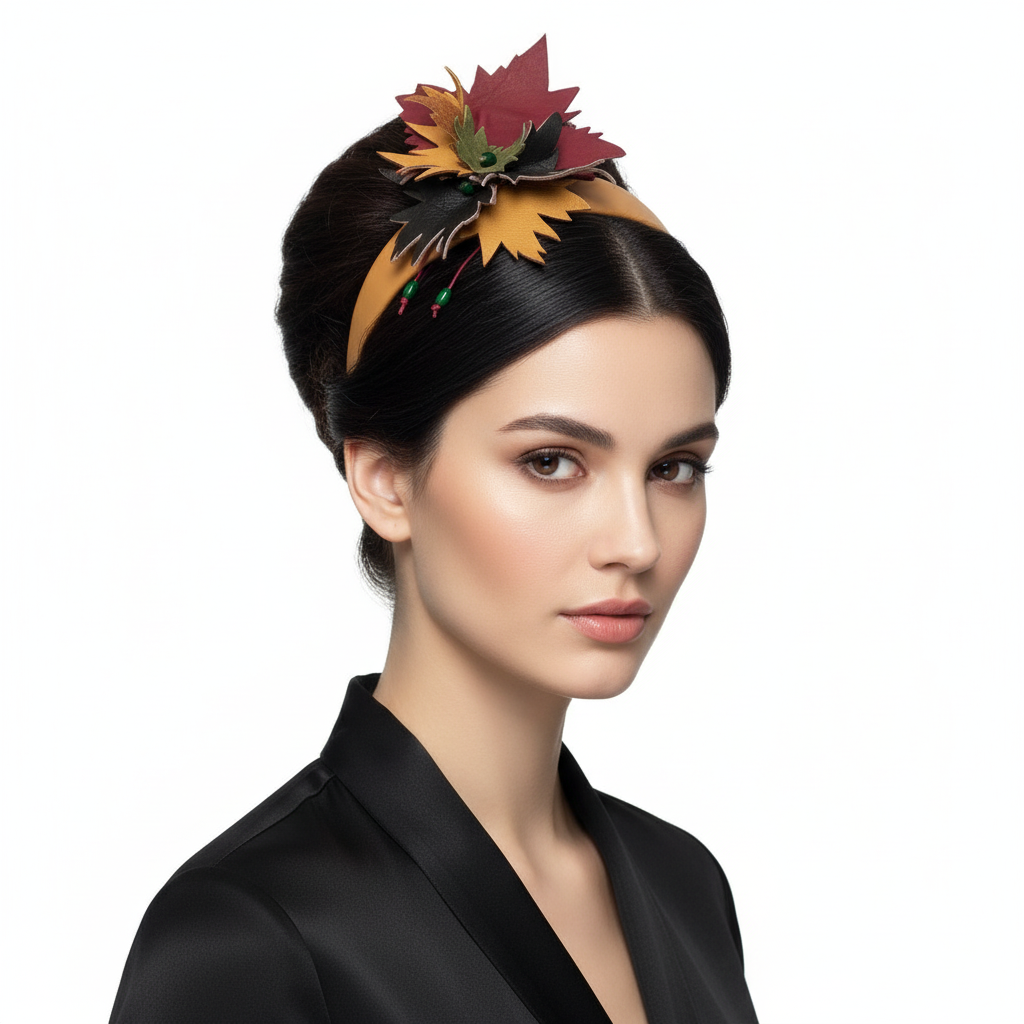 Model wearing autumn maple leaf leather headband