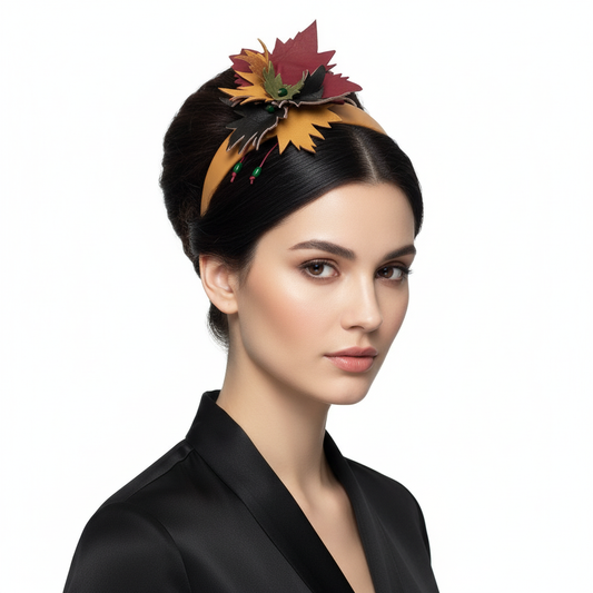 Model wearing autumn maple leaf leather headband
