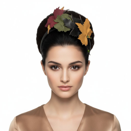 Model wearing autumn maple leaf leather headband