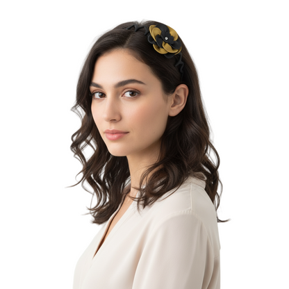 Model wearing black and gold leather flower headband