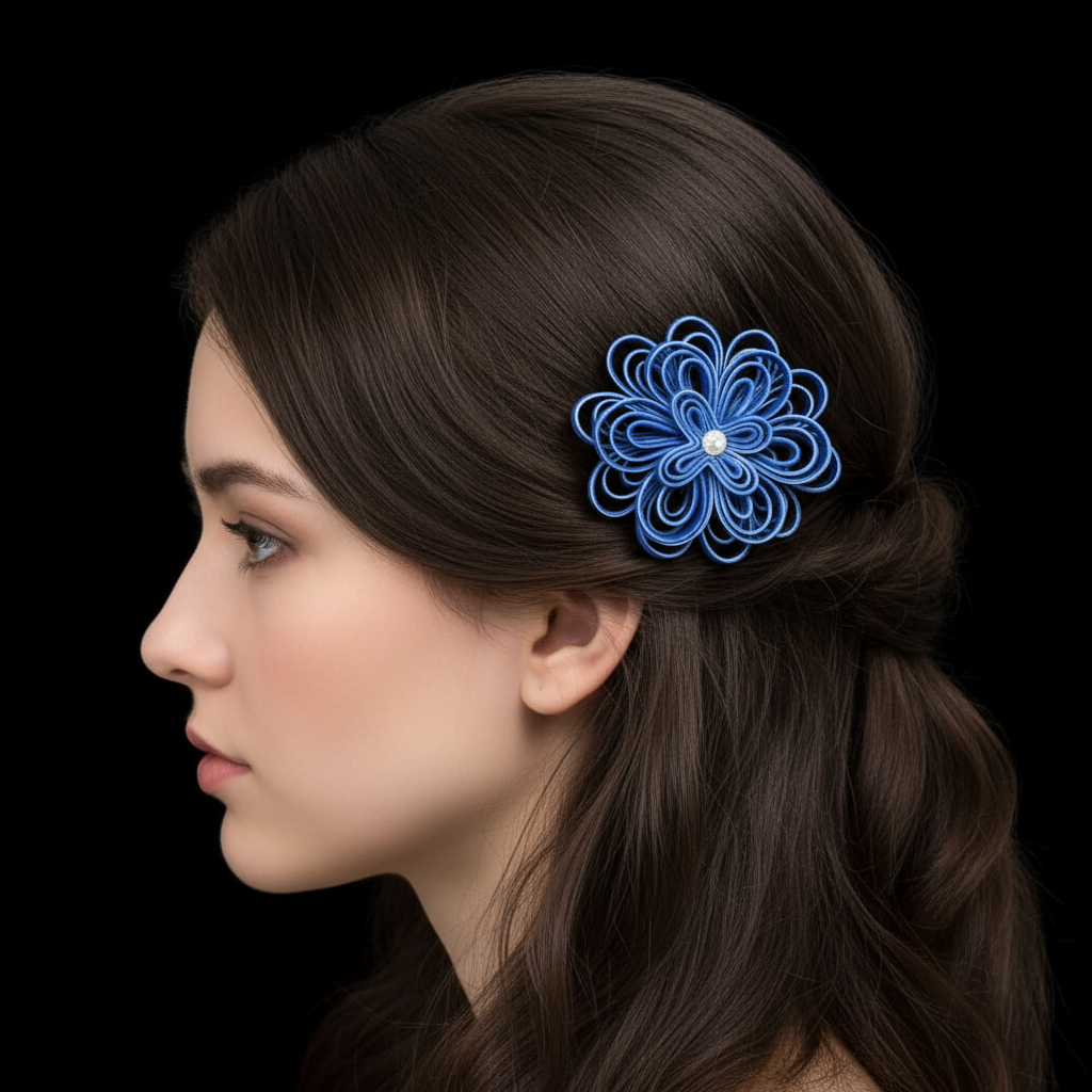 Model wearing blue and white leather flower hair clip with black background