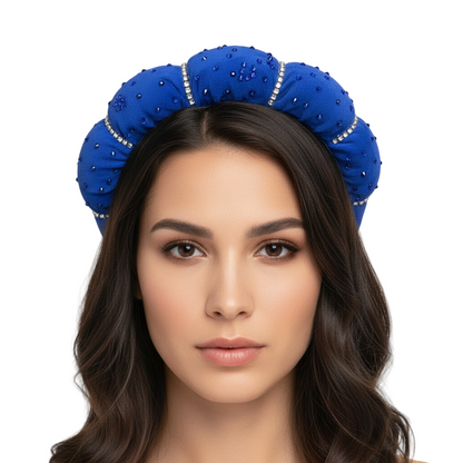 Model wearing blue crystal headband