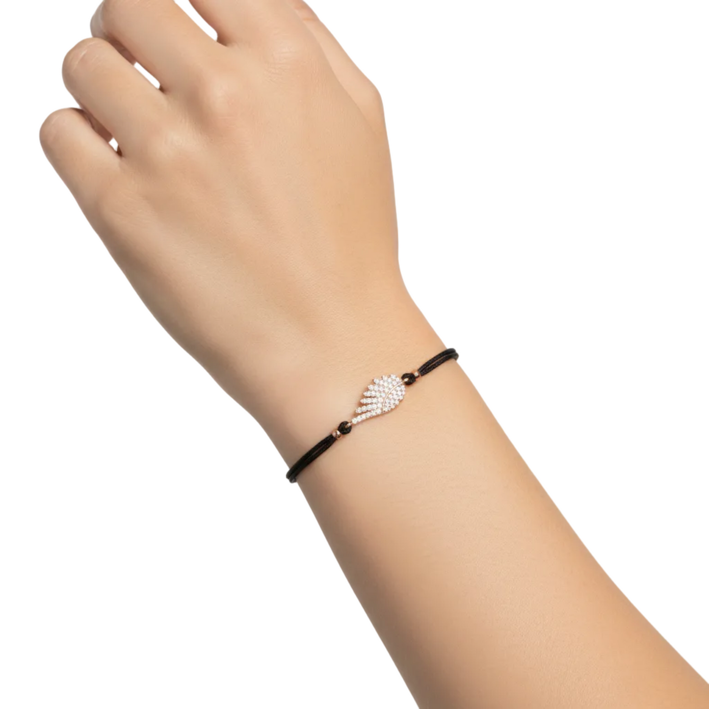 Model wearing bracelet on white background