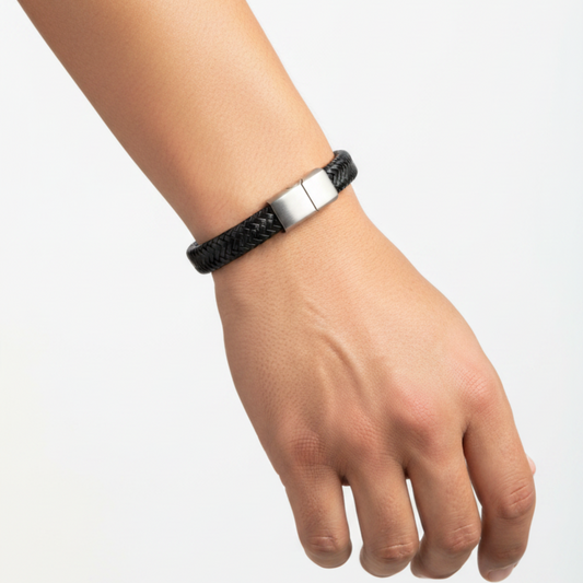 Model wearing braided leather bracelet