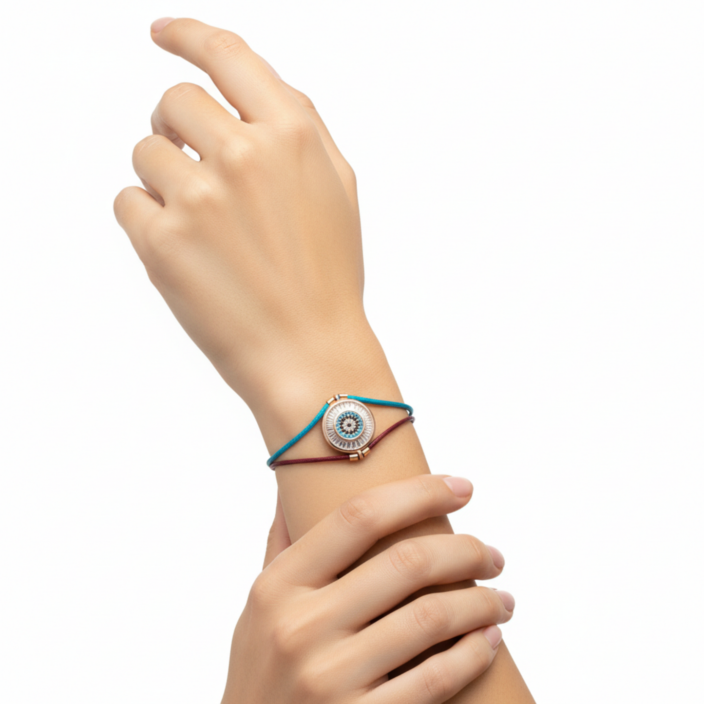 Model wearing burgundy and turquoise bracelet
