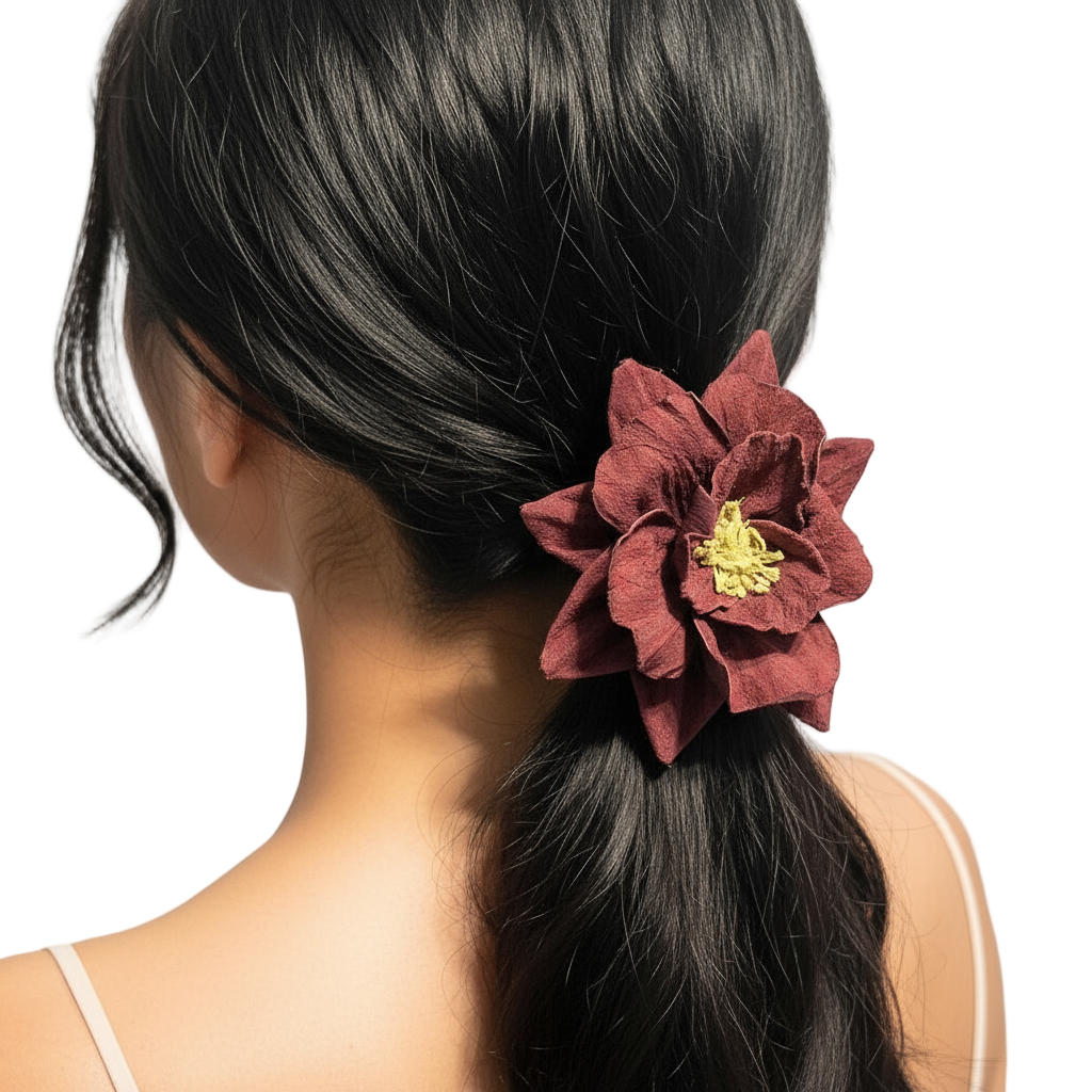 Model wearing burgundy flower hair tie